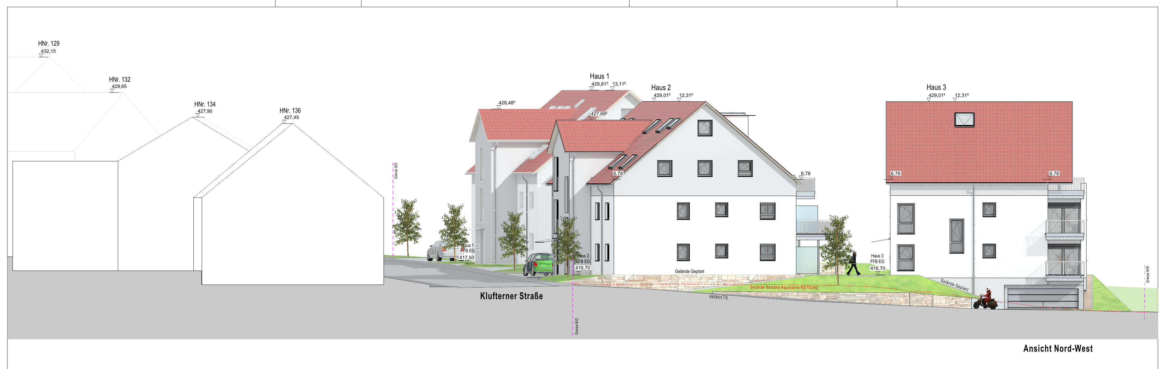 Ansicht Nord-West der drei Häuser zur Kluftener Straße, Wohnen an der Brunnisach (Visualisierung)