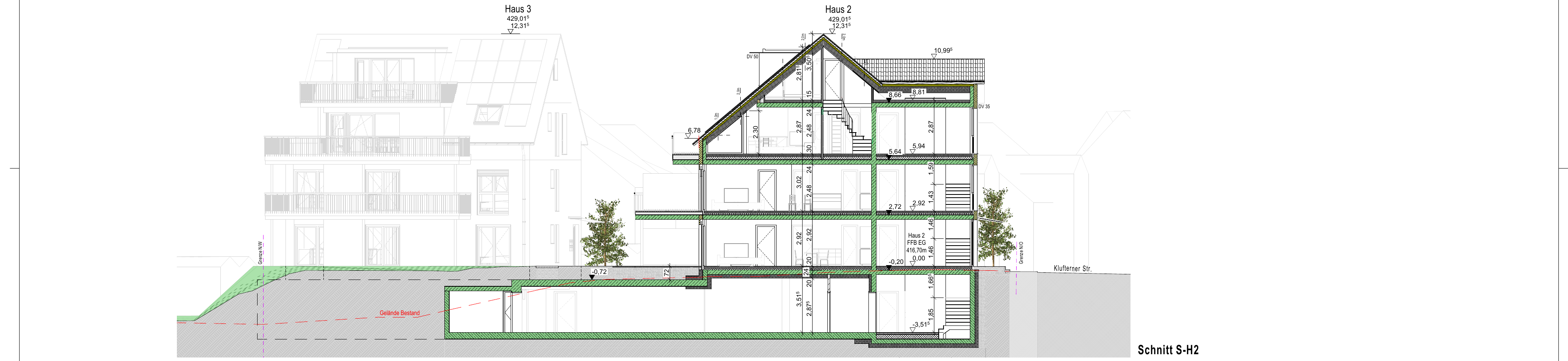 Schnitt durch Haus 2, Wohnen an der Brunnisach (Visualisierung)