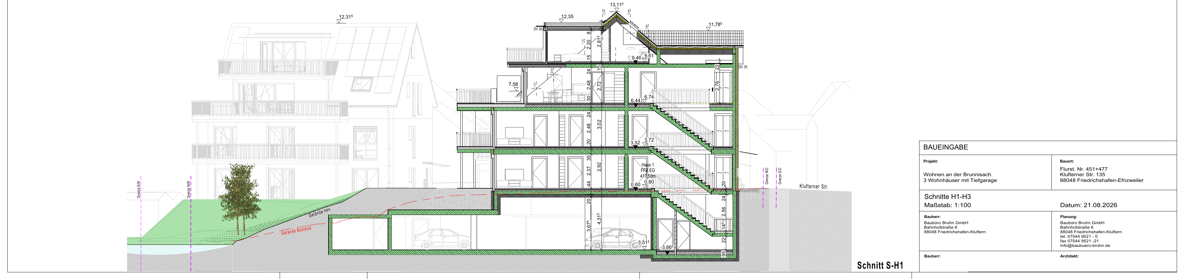 Schnitt durch Haus 1 mit Tiefgarage, Wohnen an der Brunnisach (Visualisierung)