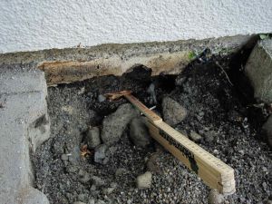 Verfaulte Schwelle am Holzhaus durch fehlende Abdichtung im Sockelbereich